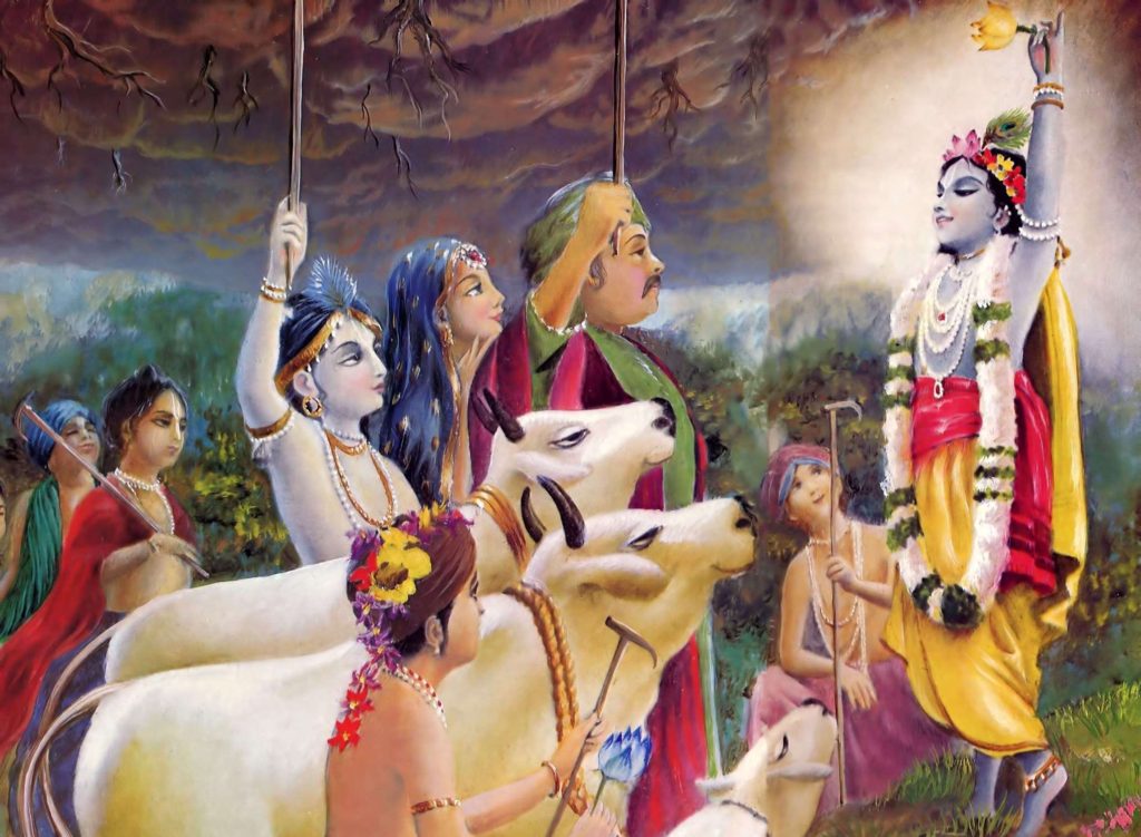 Krishna lifting Govardhan Parvat on his little finger