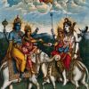 Vishnu and Lakshmi on an elephant meeting Shiva, Parvati and Ganesha on a bull while Brahma watches in heaven.